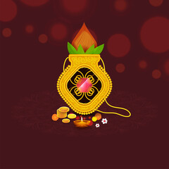 Creative Worship Pot (Kalash) With Golden Coins, Flowers, Lit Oil Lamp (Diya) And Copy Space On Dark Red Bokeh Blur Background.