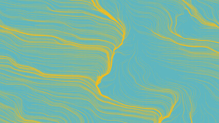 Blue and yellow abstract concept background. Digital art design. Backdrop with modern stripes. Wavy stripes yellow color on turquoise  texture.