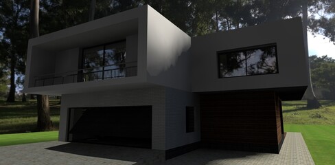 Forest view on garage of high tech building with flat roof - 3d render. May be useful for advertising luxury real estate. Good for resources about contemporary real estate design.
