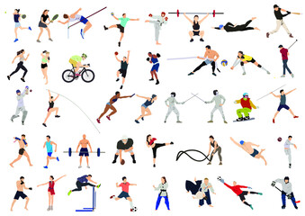 Fototapeta na wymiar Set of vector illustration of different professional sportspersons, fit people in action, motion isolated