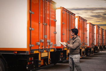 Asian Truck Drivers Holding Clipboard the Control Loading Shipping Cargo Container. Truck Inspection. Semi Trailer Truck Cargo Freight Transport Logistics.