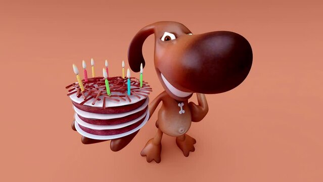 4K Fun 3D cartoon animation of a dog with a cake