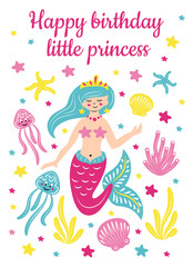 Obraz na płótnie Canvas Greeting card with mermaid and inscription Happy birthday little princess. 