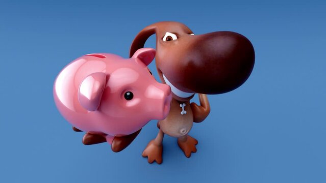 4K Fun 3D cartoon animation of a dog with a piggy bank