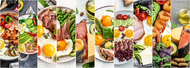 Food collage of meals Ketogenic diet food, egg bacon with avocado, strawberries and fresh salad on...