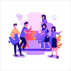 People connecting puzzle elements flat style illustration design