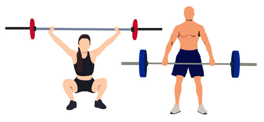 Fototapeta na wymiar pair of man and women weightlifters with barbell