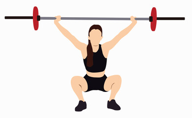 Fototapeta na wymiar illustration strong female powerlifter dressed in black sportswear and white sneakers, doing squats, trying to stand with heavy barbell, professional sport concept