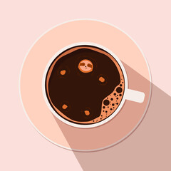 Cute vector sloth bear animal bathes in a cup of coffee. Can be used for postcards, flyers, posters, t-shirts. Morning mood.