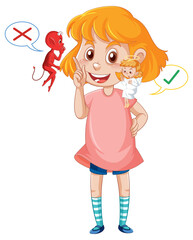 Cartoon character with devil and angel fighting in thought