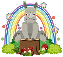 Obraz na płótnie Canvas Cute rhinoceros on stump in flat cartoon style