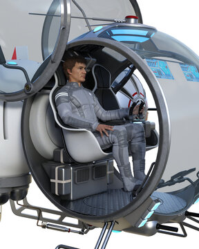 Futuristic pilot sitting in the cabin of Sci-Fi aircraft 3d render.