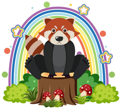 Cute red panda on stump in flat cartoon style