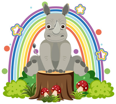 Cute rhinoceros on stump in flat cartoon style