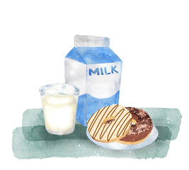 牛乳とドーナツ　水彩イラスト