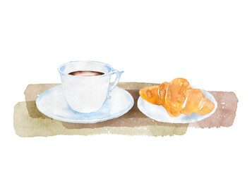 コーヒーとクロワッサン　水彩画