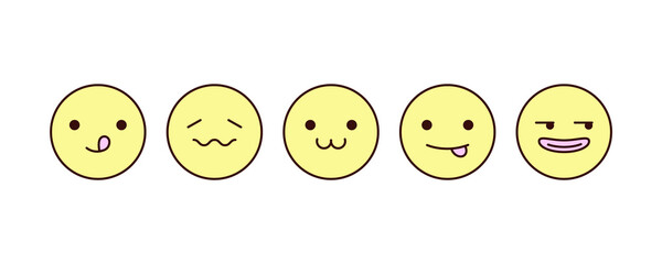 Cute and simple emoji set. Modern design emoticons face icons collection. Set of vector tasty, licking, tongue, cutie, up to something, sly, vulgar, flirting face.