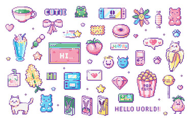 Pixel art y2k geek sticker set. 8bit retro game elements like handheld consoles, sweets, animals, messages, cutie flowers, popcorn. Vector graphic for game, decoration, stickers and cross stitch. 