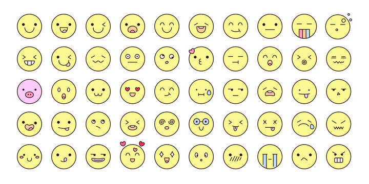 Simple outline emoji icons set. Modern design emoticons face icons collection.  Set of vector , emotions and feeling like happy, angry, sad, laughing, teasing and dizzy faces.
