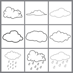 clouds line art set. Cloud icon, cloud shape. Set of different clouds. Collection of outline cloud Vector design isolated on white