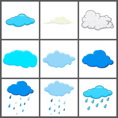clouds set. clear and with rain.  Cloud icon, cloud shape. Set of different clouds. Collection of cartoon cloud Vector design isolated on white