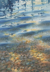 Summer morning water ripples with stones underwater watercolor background