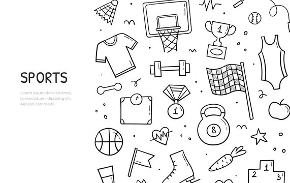 Hand drawn doodle set of Sports theme items. Horizontal banner template. Vector illustration.