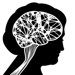 Human head with brain network, silhouette of a vector old woman's profile, beauty lady's head with medical neurology concept