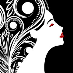 Beautiful woman profile. Beauty face with floral hair made of curls, red lips. Vector illustration with place for your text.