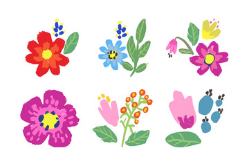 Set of six vector hand painted flowers and leaves