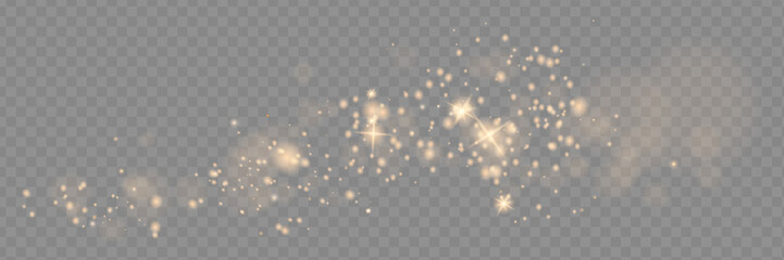 The dust sparks and golden stars shine with special light. Vector sparkles on a transparent background. Christmas light effect. Sparkling magical dust particles.