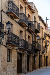 Cobblestoned street in the medieval town of Laguardia, Alaba, Spain. Picturesque And Narrow Streets On A Sunny Day. Architecture, Art, History, Travel