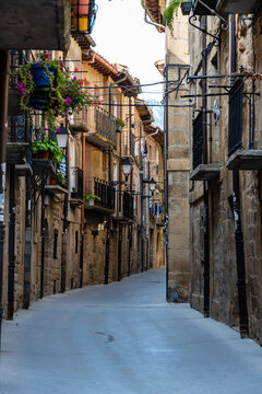 Cobblestoned street in the medieval town of Laguardia, Alaba, Spain. Picturesque And Narrow Streets On A Sunny Day. Architecture, Art, History, Travel
