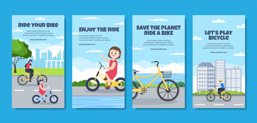 Lets Play Bicycle Social Media Stories Template Flat Cartoon Background Vector Illustration