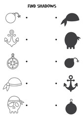Find the correct shadows of black and white pirate elements. Logical puzzle for kids.