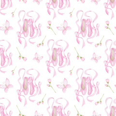 Girl pink dance pointes background. Ballet shoes girl seamless pattern. Ballet wallpaper.