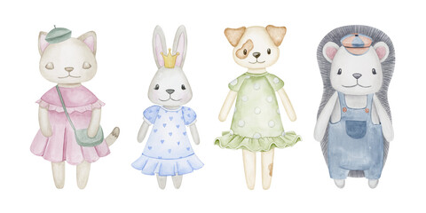 Collection cute cartoon animals; watercolor hand drawn illustration; cat, hadgehog, bunny, dog; isolated on white background.