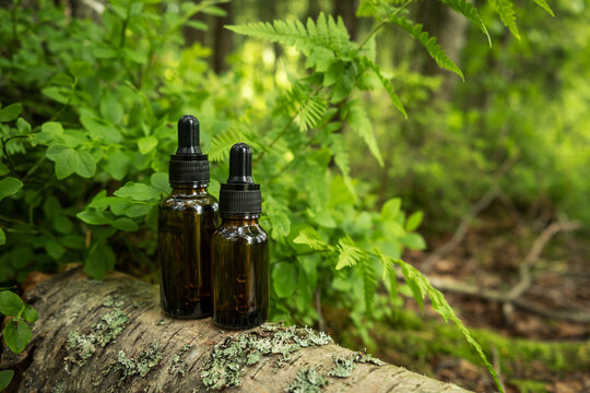 Two glass brown cosmetic containers with pipette are placed against backdrop of a natural forest. Concept of natural organic cosmetics, skin health. Selective focus.