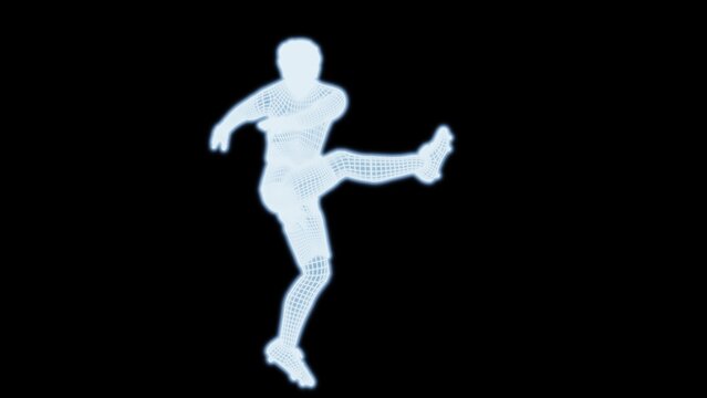 Abstract football player which consists of blue illuminated line on dark background. Concept 3D illustration of sports technology.
