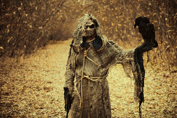 scarecrow with a black raven - obrazy, fototapety, plakaty