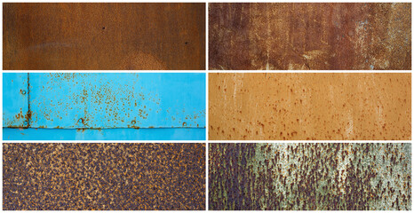 Set of old rusty metal textures. Rough dirty metal surface with rust. Collection of panoramic backgrounds for design.