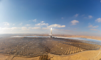 View from the sky to the solar power station Ashalim at morning