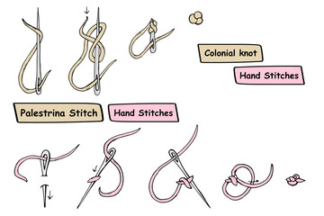 Step by step instructions for manual seam. Hand stem stitches, colonial knot. Sketch with needle and thread. Illustration for books, magazines, sites about creativity, needlework, sewing, embroidery