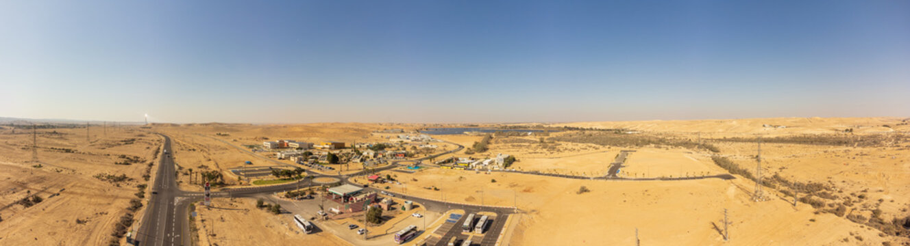 Ramat Negev, Israel - Dec, 27 2021: Wide panoramiic view from the sky to gegional council buildings