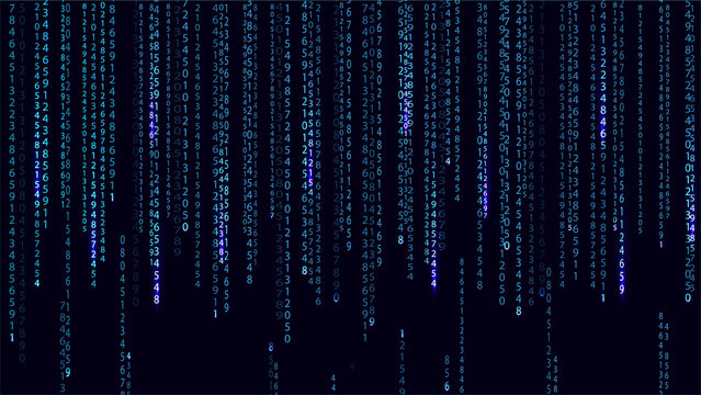Blue matrix on the dark background with different numbers and light. Big data visualization. Digital texture backdrop. Vector illustration.