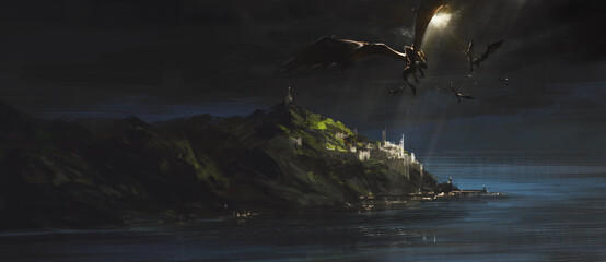 Dragon hovering over a medieval seaside city, 3D illustration. © liuzishan