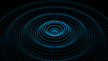 Digital vibration and sound wave. Circle pulse wave with points and particles on the dark background. 3D rendering.