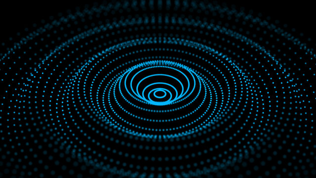 Digital vibration and sound wave. Circle pulse wave with points and particles on the dark background. 3D rendering.