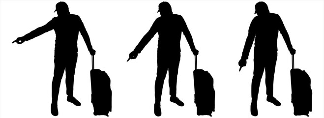 A guy in a cap, with luggage on wheels and a backpack. A person points with his finger in the direction: to the side, down. Tourists are considering something. Three black male silhouettes isolated