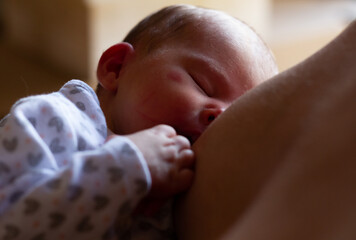 an adorable newborn baby breastfeeding - obrazy, fototapety, plakaty